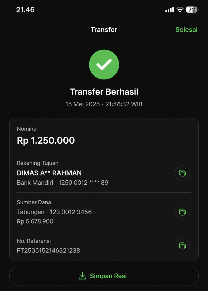 Bukti transfer Rp 1.250.000 kepada worker Dimas A.