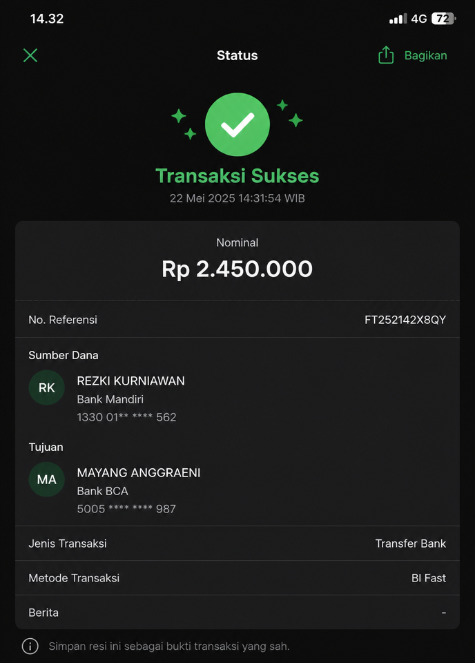 Bukti transfer Rp 2.450.000 kepada worker Rezki K.